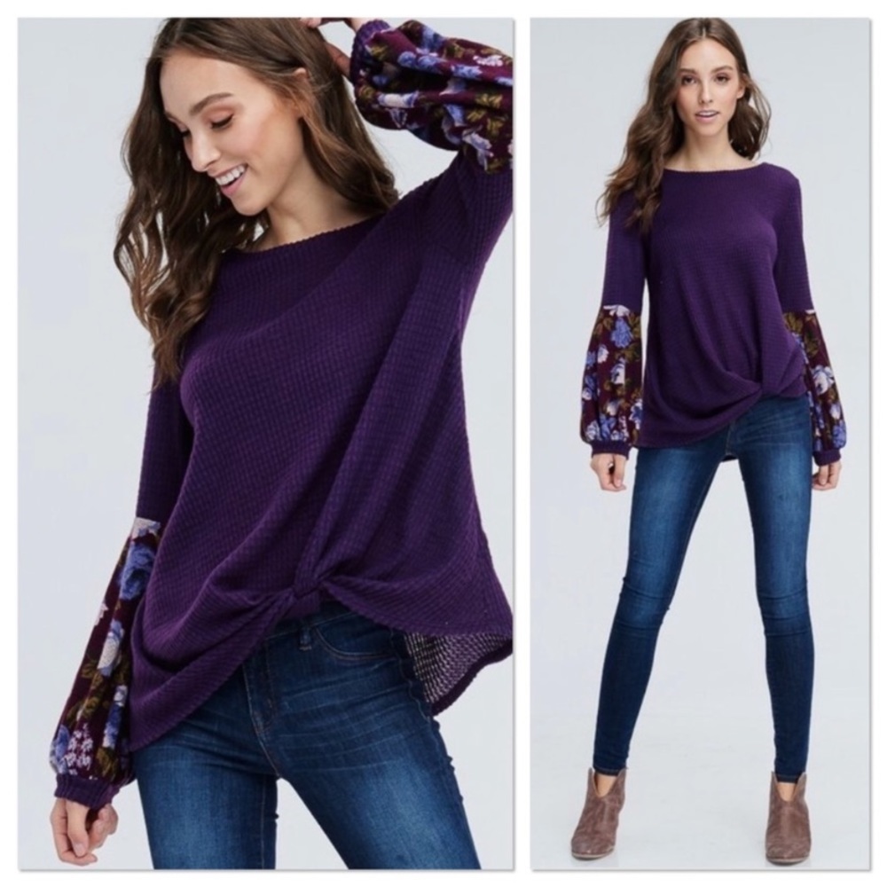 Eggplant Floral Puff Sleeve Top